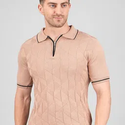 FEVERFEW Self Design Polo Collar Regular Fit Cotton T-shirt-image-31