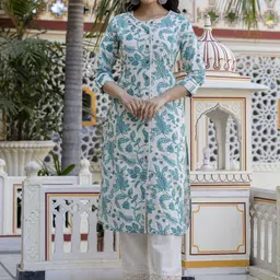 Pistaa Floral Printed Round Neck Pure Cotton A-Line Kurta with Trouser-image-8
