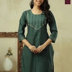 AUZAAI COLLECTION Selection Of 2 Ethnic Motifs Yoke Design Straight Cotton Kurtas-image-84