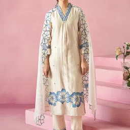 Indo Era Floral Embroidered Thread Work Straight Kurta With Trousers & Dupatta-picture-23
