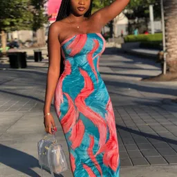 KPOP Women Printed Strapless Bandeau Midi Dress-image-9