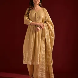 VISHNU WEAVES Floral Woven Design Pleated Pure Cotton A-Line Kurta With Trousers & Dupatta-image-21
