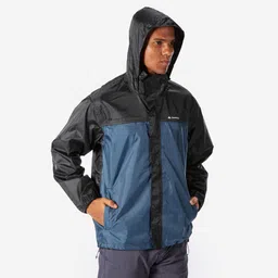 quechua Men Full Zip Rain Jacket with Storage Pouch Black Blue - NH100 image 1