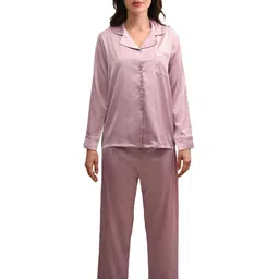 Sleepsia Women's Ballerina Pink Satin, Full sleeves shirt & pyjama Night Set-picture-22