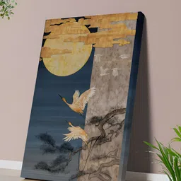 SAF Gold-Toned & Navy Blue Flying Cranes With Full Moon Canvas Wall Painting-picture-22