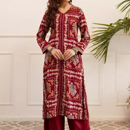 KALINI Floral Printed V-Neck Sequinned Straight Kurta With Palazzos-image-96
