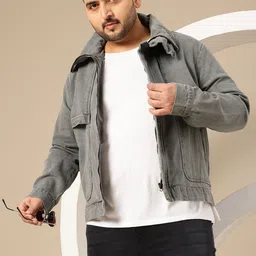 Sztori Plus Size Mock Collar Denim Jacket-image-0