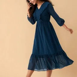 AASK Print Women Self Design Puff Sleeve Ruffles Fit & Flare Tiered Midi Dress image 2