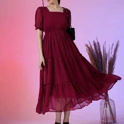 Femvy Women Puff Sleeve Fit & Flare Maxi Dress-image-38