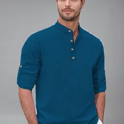 KNOWTED Mandarin Collar Roll-Up Sleeves Straight Short Kurta-image-88