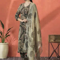 Sangria Paisley Printed V-Neck Beaded Pure Cotton Straight Kurta With Salwar And Dupatta image 2