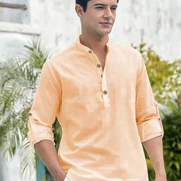 BHUVIKOO Mandarin Collar Roll-Up Sleeves Straight Kurta image 1