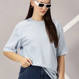 Rodzen Women Solid Round Neck Pure Cotton Oversized T-shirt-image-21