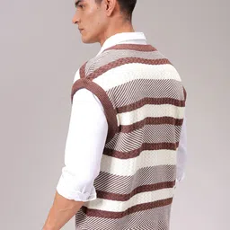 the indian garage co. Men Striped V Neck Brown Sweater image 2