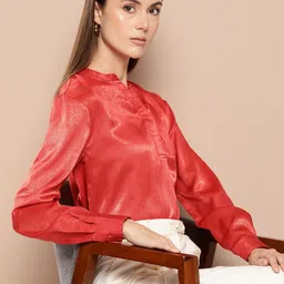 her by invictus Satin Finish Mandarin Collar Shirt Style Top-picture-2
