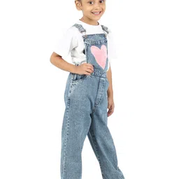 Budding Bees Stylish Denim Dungaree With Heart Fur Patch image 5