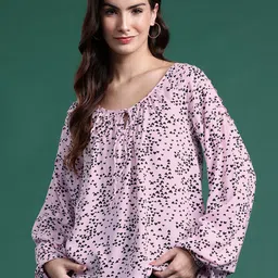 DressBerry Printed Tie-Up Neck Puff Sleeve Top-image-3
