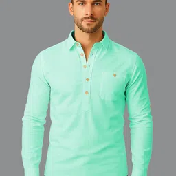 Navkanj Shirt Collar Roll-Up Sleeves Cotton Straight Short Kurta-picture-14