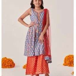 Pspeaches Cotton Sleeveless Floral Printed Kurta With Palazzo & Dupatta - Blue-image-82
