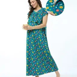 Bella Mama Cotton Knit Half Sleeves Concealed Zipper Nighty With Floral Print - Teal Blue-picture-15