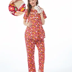 Bella Mama Cotton Knit Half Sleeves Nursing Night Suit Floral Print - Wine-picture-19