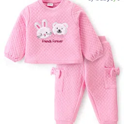 Babyoye 100% Eco Conscious Cotton Full Sleeves Quilted T-Shirt & Lounge Pants Winter Wear Suit With Teddy & Bunny Applique - Pink-image-95