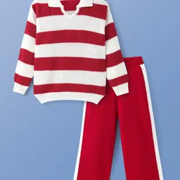 Pine Kids Knitted Full Sleeves Pullover Striped Collared Sweater & Pant Set - Red & White-picture-11