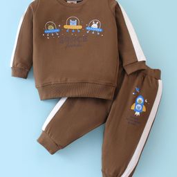 Zero Cotton Knit Full Sleeves Winter Wear Suit With Space Theme Print - Brown-picture-16