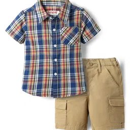 Babyhug Cotton Knit Half Sleeves Shirt & Shorts Set with Checks - Khaki & Blue-picture-34