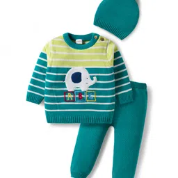 Babyhug Organic Cotton Knitted Full Sleeves Striped Sweater Set With Elephant Embroidery & Cap - Teal Blue & Yellow-picture-27