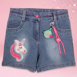 Cutecumber Denim Unicorn Sequins Embellished Mild Washed Shorts With Keychain - Blue-image-6