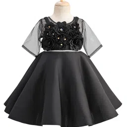 Enfance Floral Applique Detailed Knee Length Dress With Half Sleeves Inner Tee Set - Black image 1