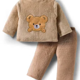Babyhug Velour Knit Full Sleeves Winterwear Night Suit With Animal Embriodery - Beige-picture-27