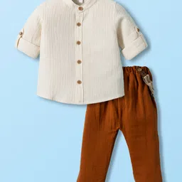 ToffyHouse Poplin Woven Full Sleeves Solid Party Shirt & Trouser Set With Attached Suspender - White & Brown-picture-22