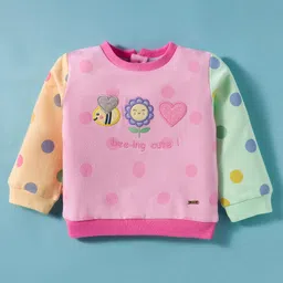 ToffyHouse Cotton Knit Full Sleeves Top & Jogger Set with Polka Dots & Animal & Bee Embroidery - Orange & Pink image 2