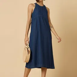Chemistry Women Solid Round Neck Denim A-Line Midi Dress image 4