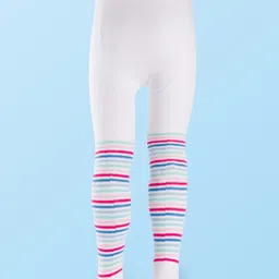 cute walk by babyhug Cutewalk by Babyhug Cotton Knit Anti Bacterial Footed Tights With Stripes Design - White image 3