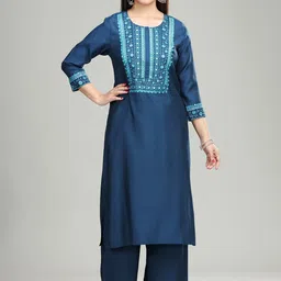 COTTON CULTURE Floral Embroidered Pure Silk Straight Kurta With Palazzos-image-24