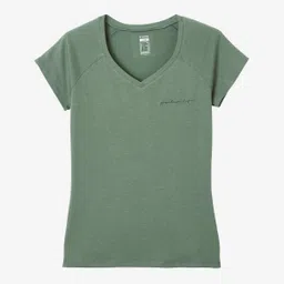 domyos Women's Gym Cotton Blend Slim Fit Stretchy Printed Tshirt-Khaki Green image 5