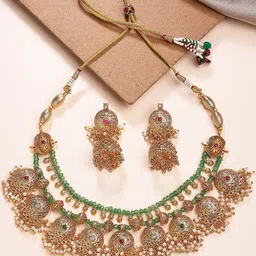KARATCART Gold-Plated Crystal Stone-Studded & Beaded Temple Jewellery Set-image-51