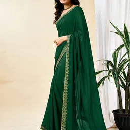 Sangria Solid Embroidered Saree WithBlousePiece image 3
