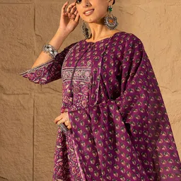 Indo Era Women Floral Printed Regular Pure Cotton Straight Kurta with Trousers & Dupatta-picture-27