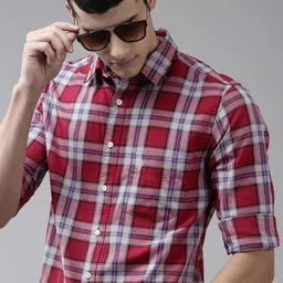 u.s. polo assn. U. S. Polo Assn. Men Maroon and White Windowpane Checks Opaque Pure Cotton Casual Shirt-picture-32