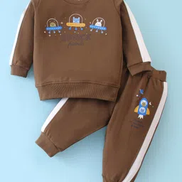 Zero Cotton Knit Full Sleeves Winter Wear Suit With Space Theme Print - Brown-picture-21