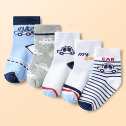 Doodle Poodle Cotton Knit Ankle Length Socks with Car Design Pack of 5- Blue Bright White & Grey Melange-picture-14