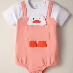 Mark & Mia Cotton Knit Half Sleeves Onesie With Duck Applique & Pocket Detailing - Peach image 1