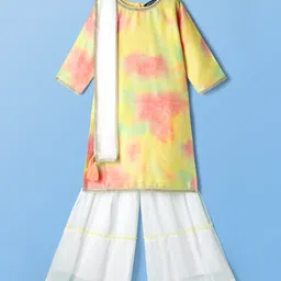 Pine Kids Woven Three Fourth Sleeves Tie & Dye Kurti Palazzo Set with Dupatta & Lace Detailing - Yellow-picture-14