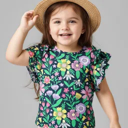 Babyhug 100 % Cotton Knit Frill Sleeves Top with Floral Print - Navy Blue-image-10