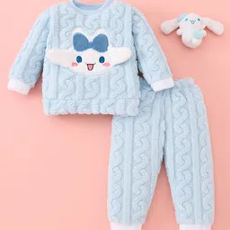 Mark & Mia Full Sleeves Fur Winter Wear Night Suit with Cable Knit Design & Bunny Applique - Light Blue-picture-33