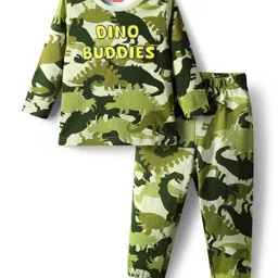 Babyhug Cotton Knit Full Sleeves Co-ords Night Suit With Dino Print - Green-picture-14